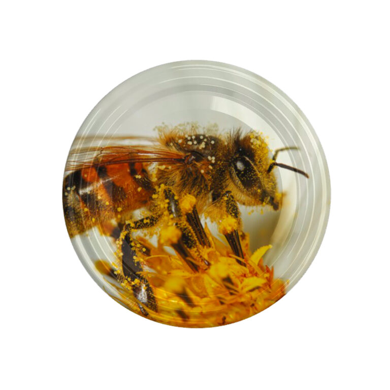 Metalni poklopac za teglu za med sa motivom pčele