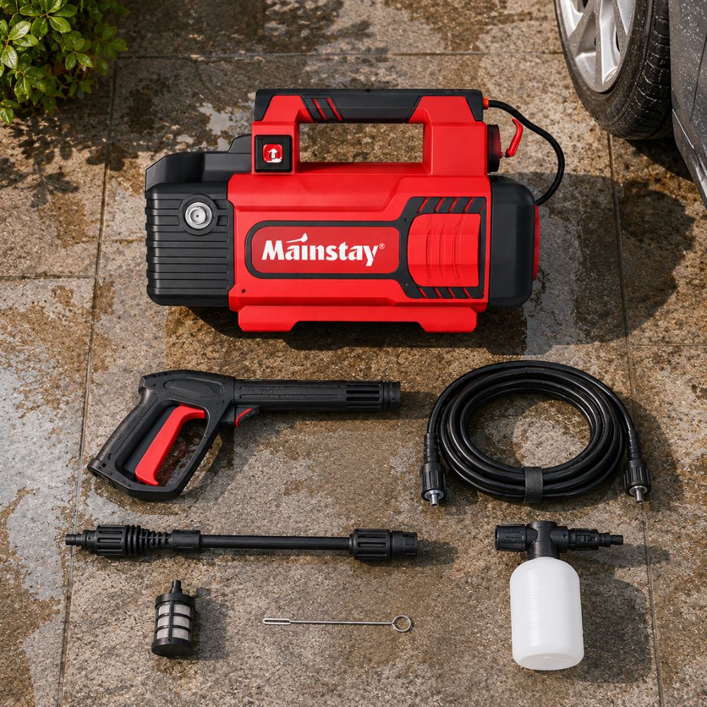 Mainstay visokotlačni perač HPW-MS1300 snage 1300W za efikasno pranje vozila i dvorišta.