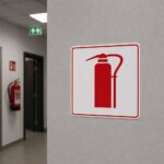 Grafički prikaz naljepnice za protivpožarni aparat sa jasnim simbolom za sigurnosno označavanje prostora.