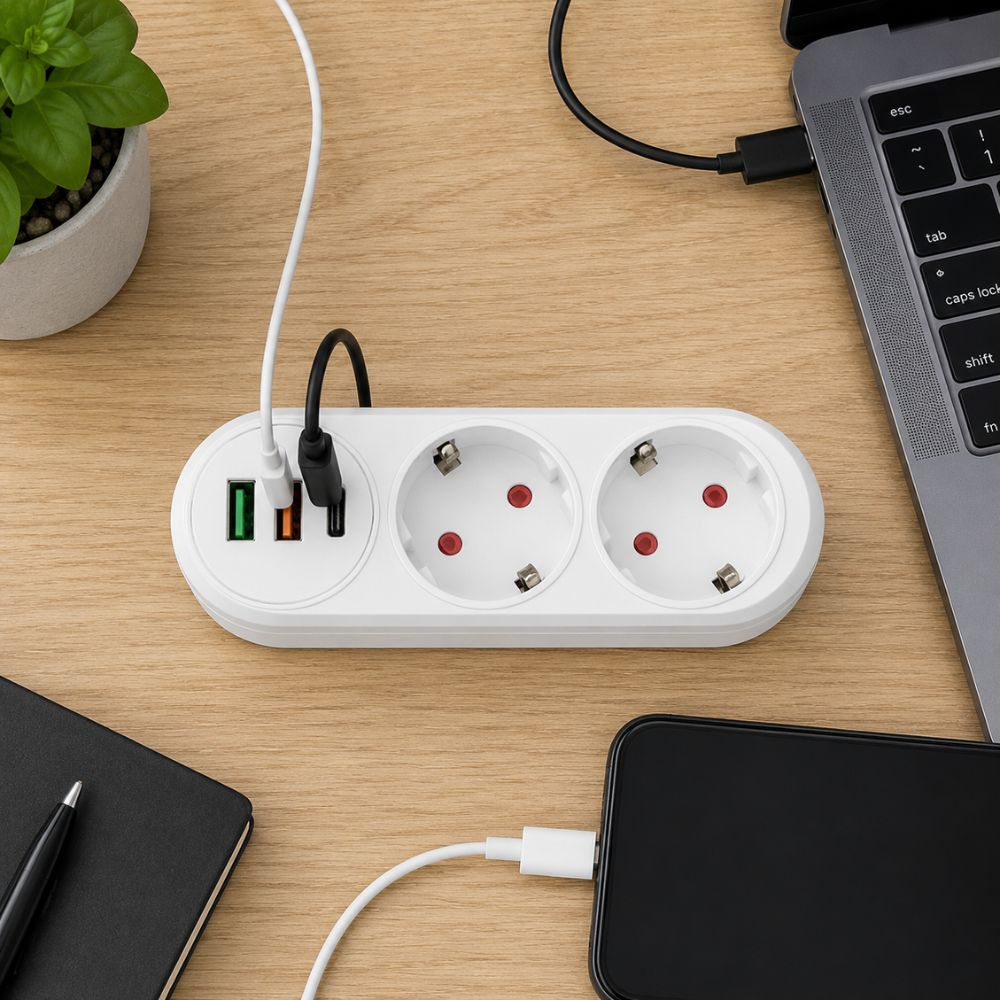 Adapter sa 2 utičnice i USB priključcima pogodan je za povezivanje kućnih aparata i punjenje mobilnih uređaja