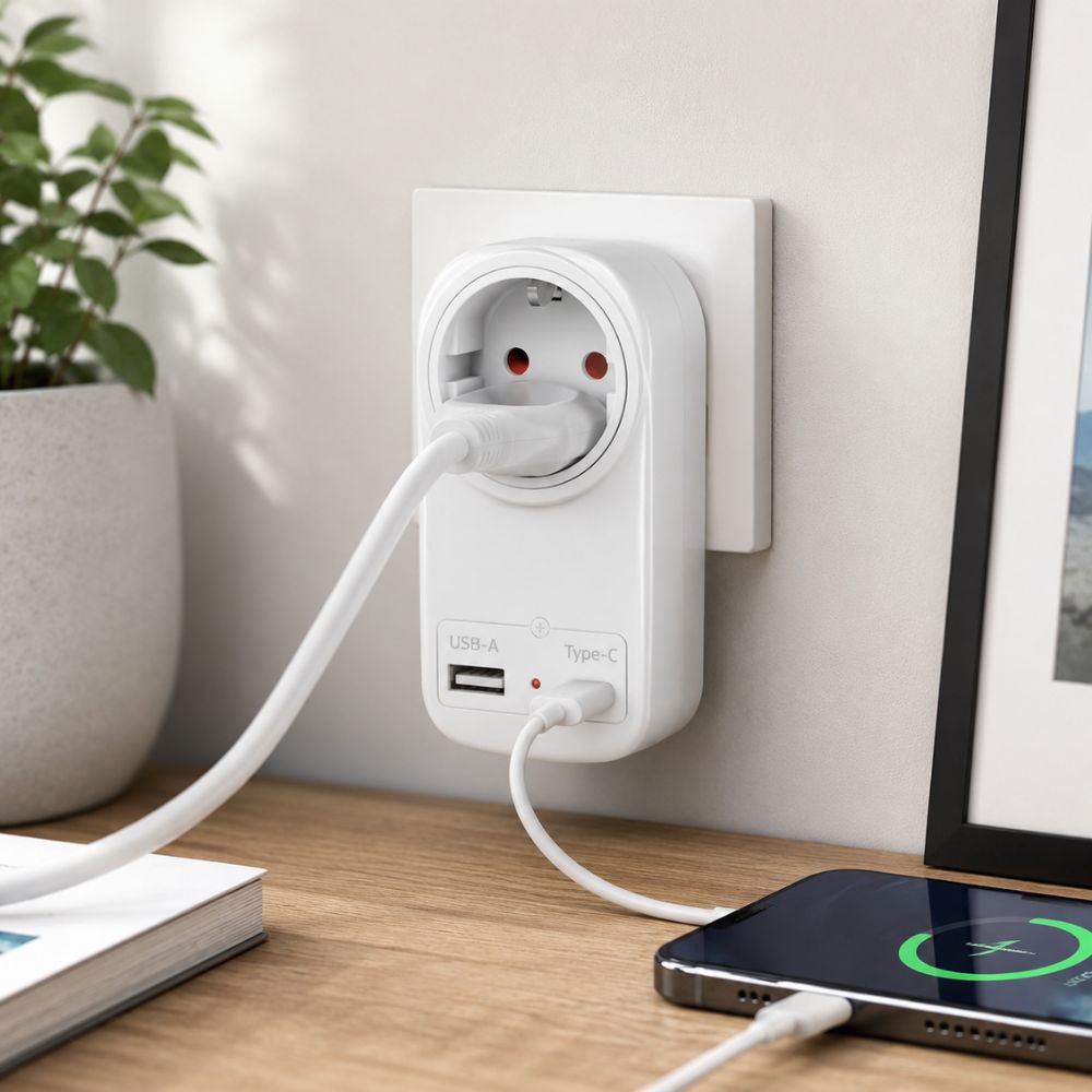 Adapter sa USB i Type C priključcima pogodan je za punjenje telefona, tableta i drugih kompatibilnih uređaja