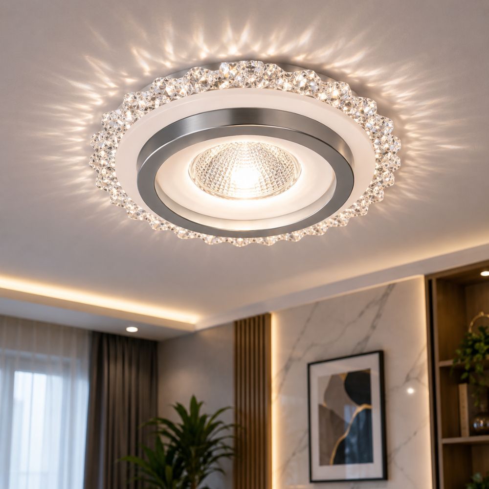 led-plafonjera-crystal LED plafonjera Crystal pruža ravnomjerno osvjetljenje i moderan dekorativni izgled dnevnog boravka, hodnika ili spavaće sobe