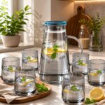 Set bokal i 6 čaša Boron sa staklenim bokalom i inox čepom za elegantno posluživanje vode i drugih napitaka