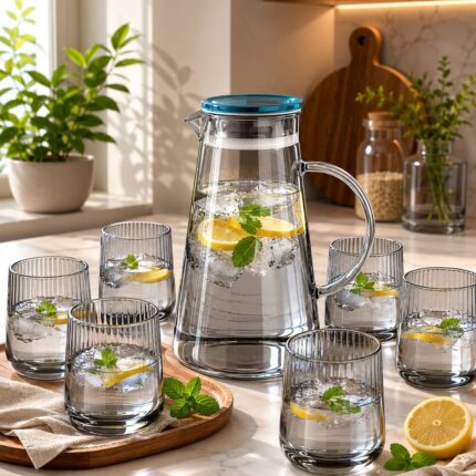 Set bokal i 6 čaša Boron sa staklenim bokalom i inox čepom za elegantno posluživanje vode i drugih napitaka