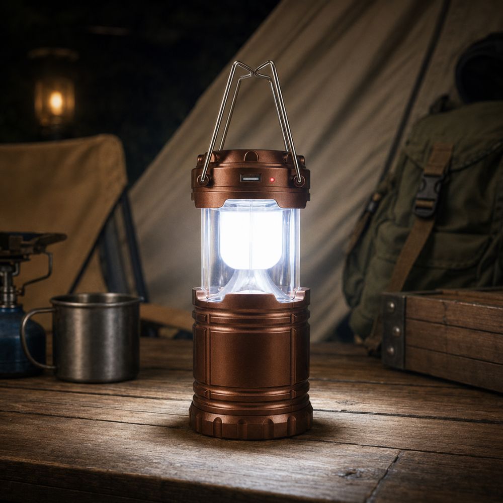 Grafički prikaz LED lampe na solarno punjenje za kamp, planinarenje i hitne situacije.