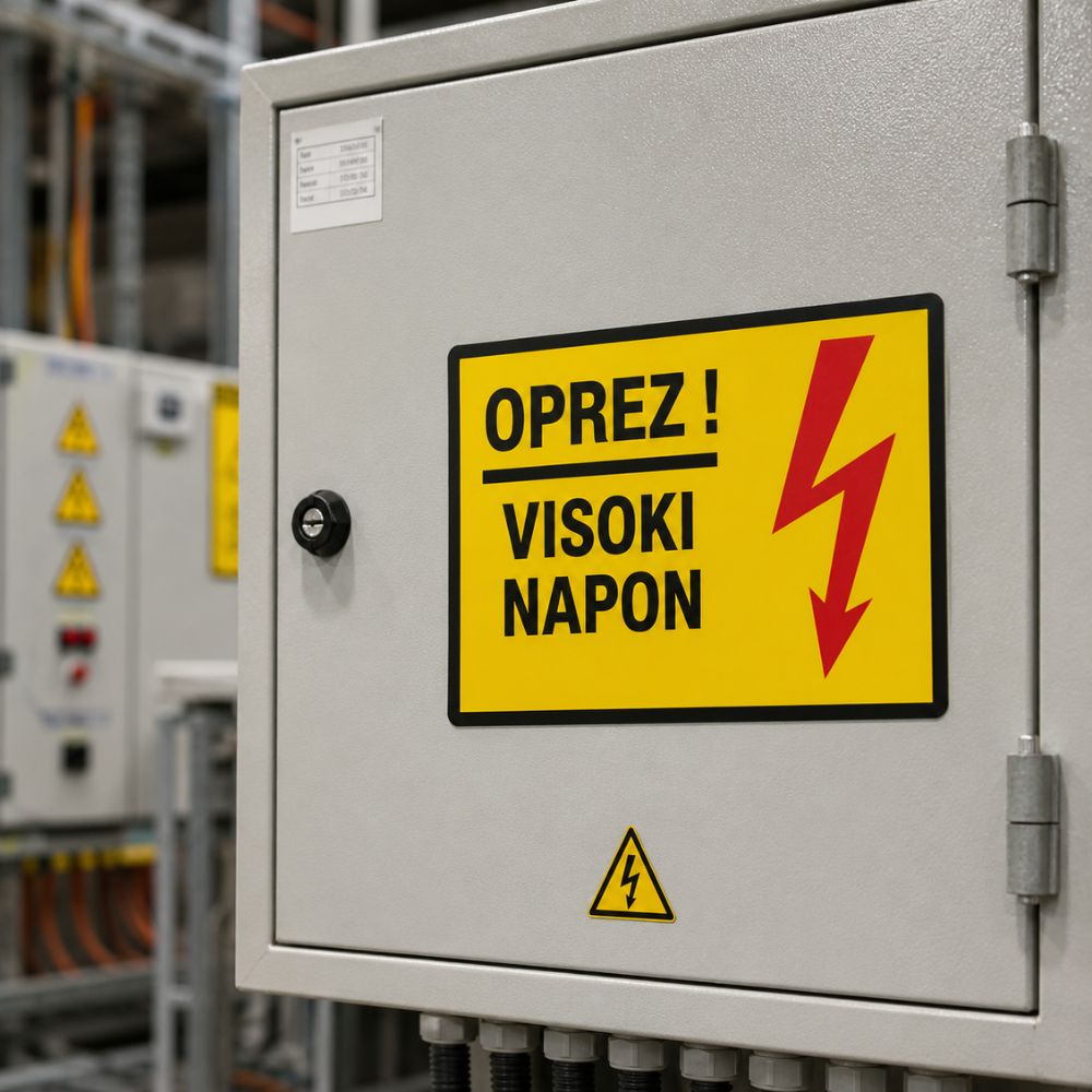 Grafički prikaz sigurnosne oznake za visoki napon sa simbolom električne opasnosti za industrijske objekte.