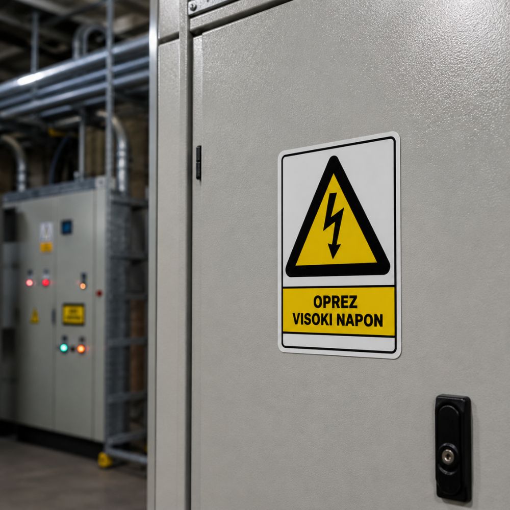 Grafički prikaz sigurnosne oznake za visoki napon sa simbolom električne opasnosti za industrijske i tehničke objekte.