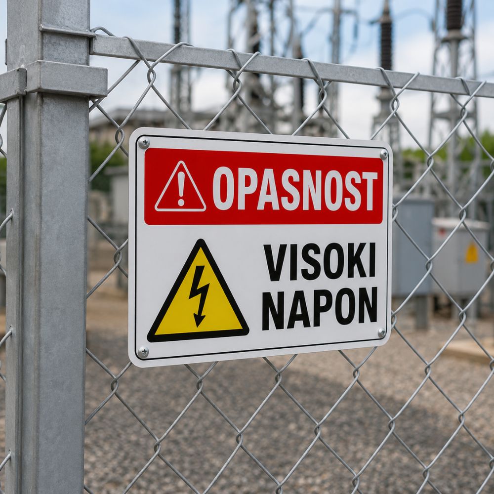 Grafički prikaz sigurnosne oznake za visoki napon sa upozorenjem na opasnost od električnog udara.