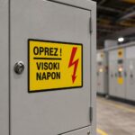 Ilustracija naljepnice Oprez Visoki Napon 30x20 cm za označavanje prostora sa opasnošću od električnog udara.