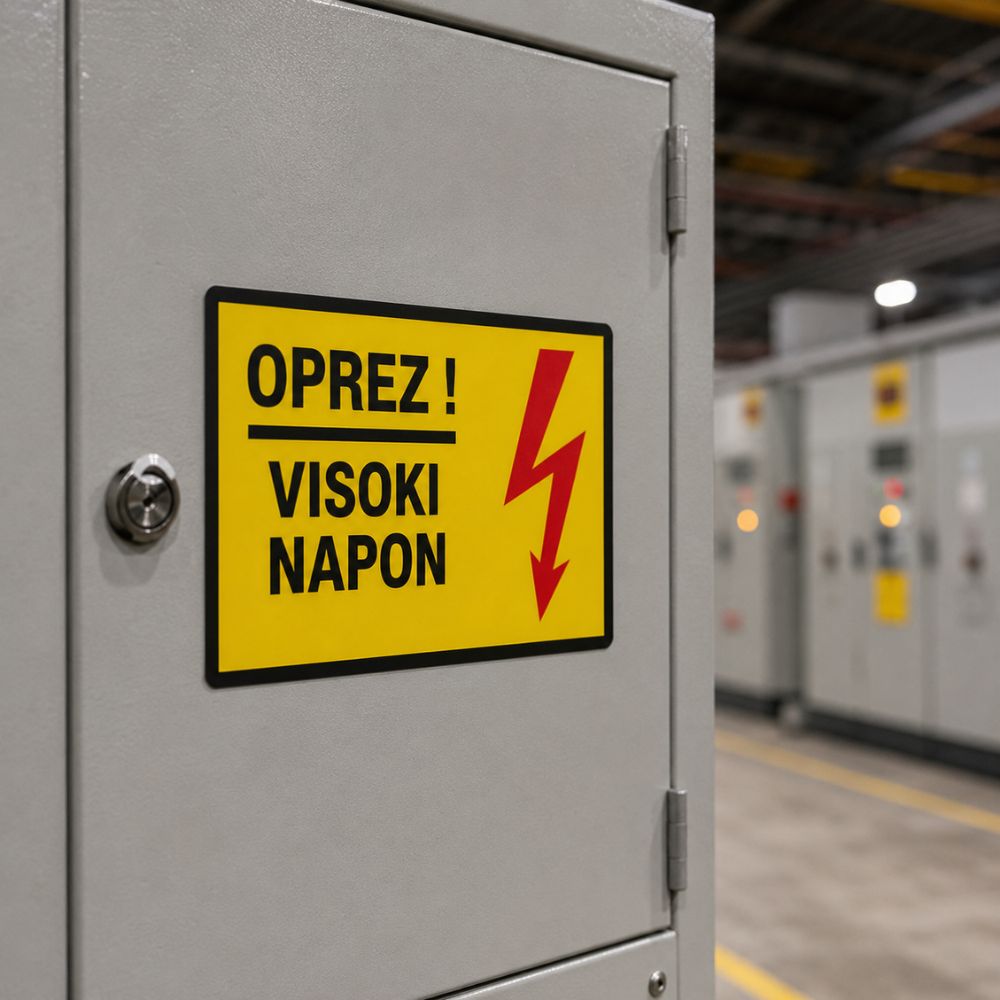 Ilustracija naljepnice Oprez Visoki Napon 30x20 cm za označavanje prostora sa opasnošću od električnog udara.