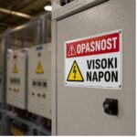 Ilustracija naljepnice Opasnost Visoki Napon 30x20 cm bijele boje za označavanje područja sa električnim rizikom.
